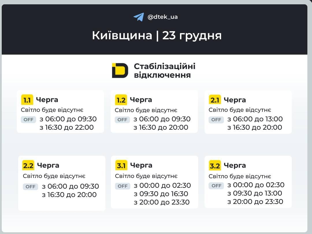 Отключение света 23 декабря: когда украинцы будут без электроэнергии во вторник