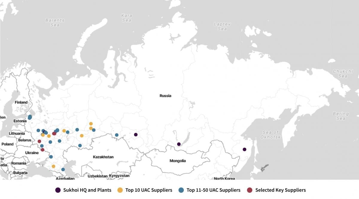 карту, на которой можно видеть поставщиков ключевых элементов для производства "Су"