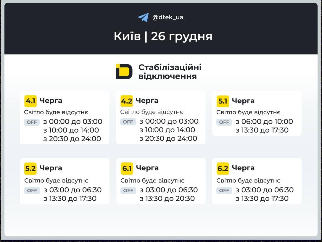 Графики отключений на 26 декабря: когда не будет света в Украине в пятницу