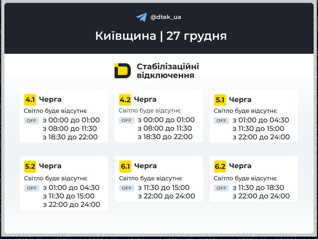 В Украине в субботу будут выключать свет: графики на 27 декабря