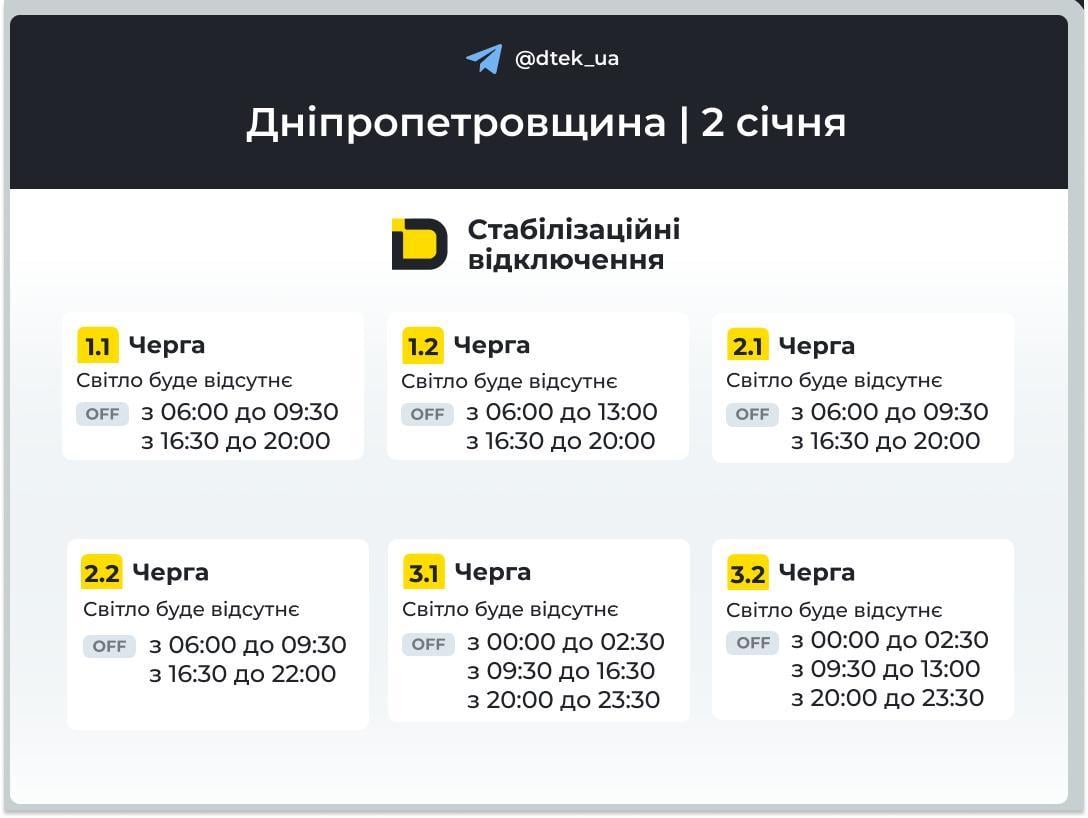 Графіки відключень на 2 січня: коли не буде світла в п'ятницю