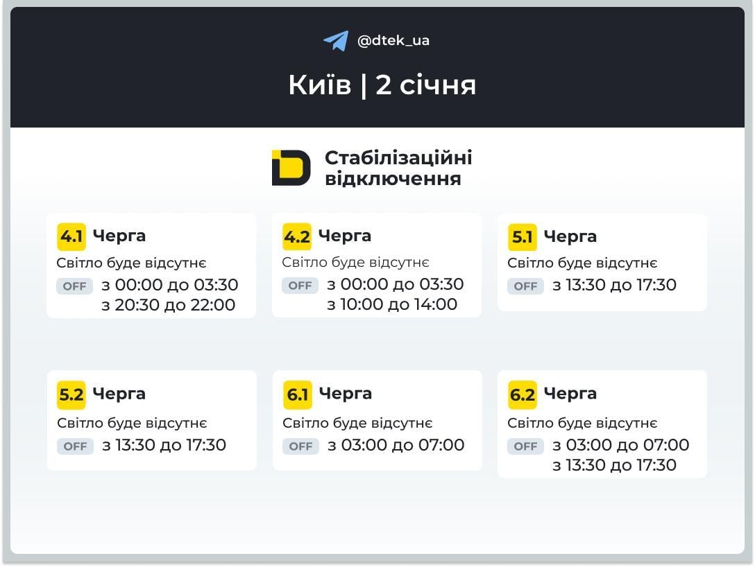 Графіки відключень на 2 січня: коли не буде світла в п'ятницю