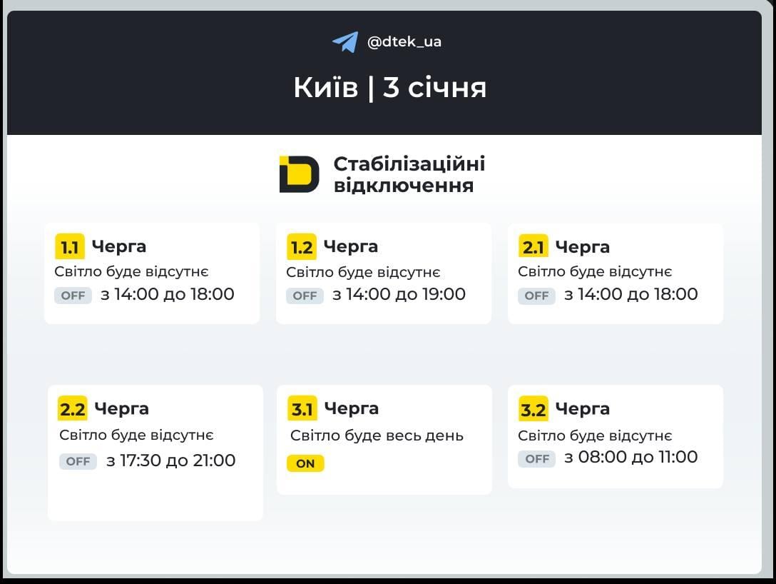 Графики отключений на 3 января: когда не будет света в первую субботу нового года Графики отключений на 3 января: когда не будет света в первую субботу нового года