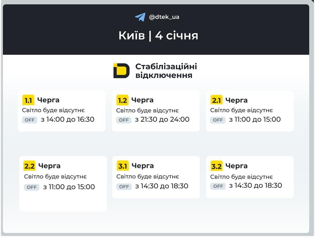 Графіки відключень на 4 січня: коли не буде світла в неділю