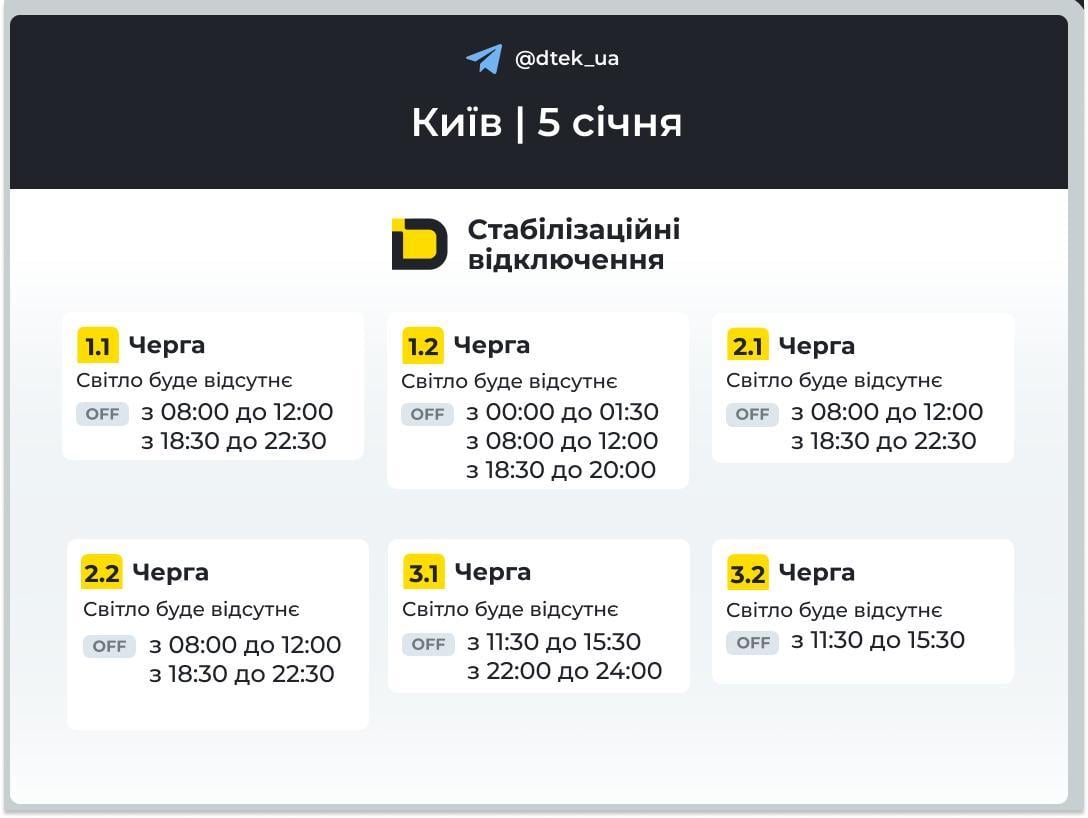 Графіки відключень на 5 січня: коли не буде світла в понеділок Графіки відключень на 5 січня: коли не буде світла в понеділок