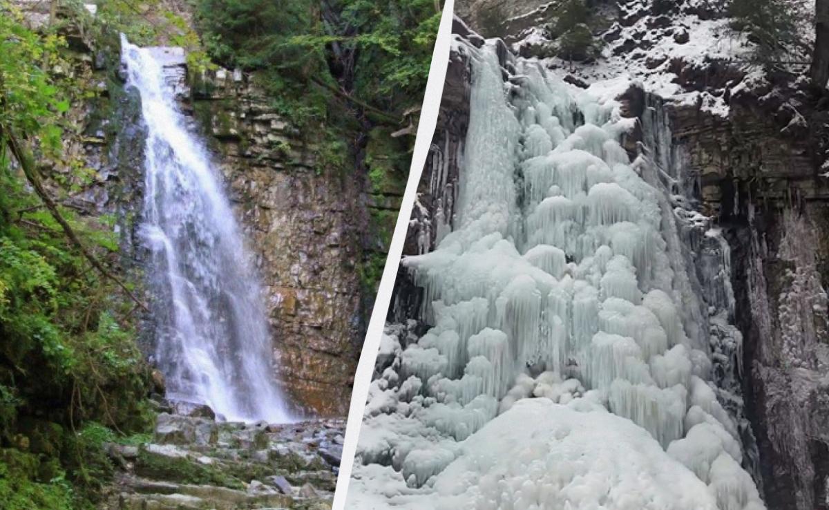 20-метровый Манявский водопад в Прикарпатье полностью замерз (видео)