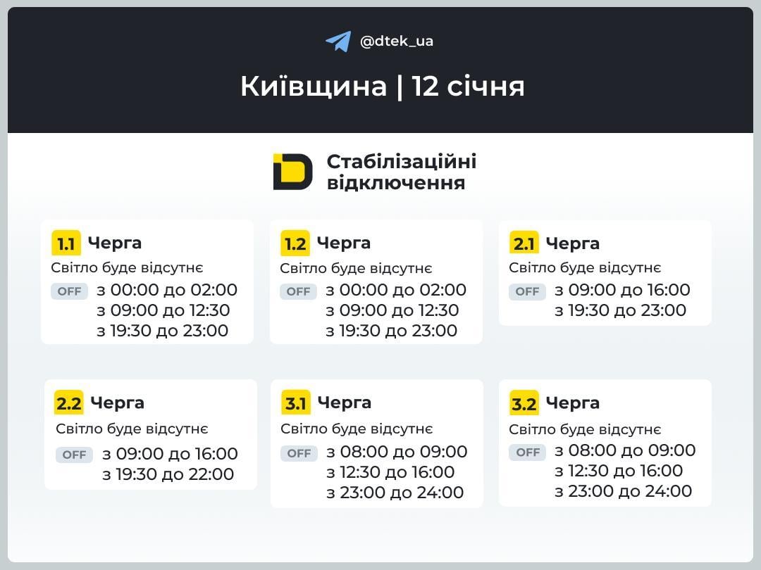 Графіки відключень світла 12 січня: коли не буде електроенергії в понеділок