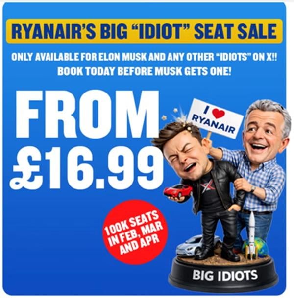 Распродажа для больших идиотов: Ryanair потроллил Маска на фоне ссоры из-за Starlink