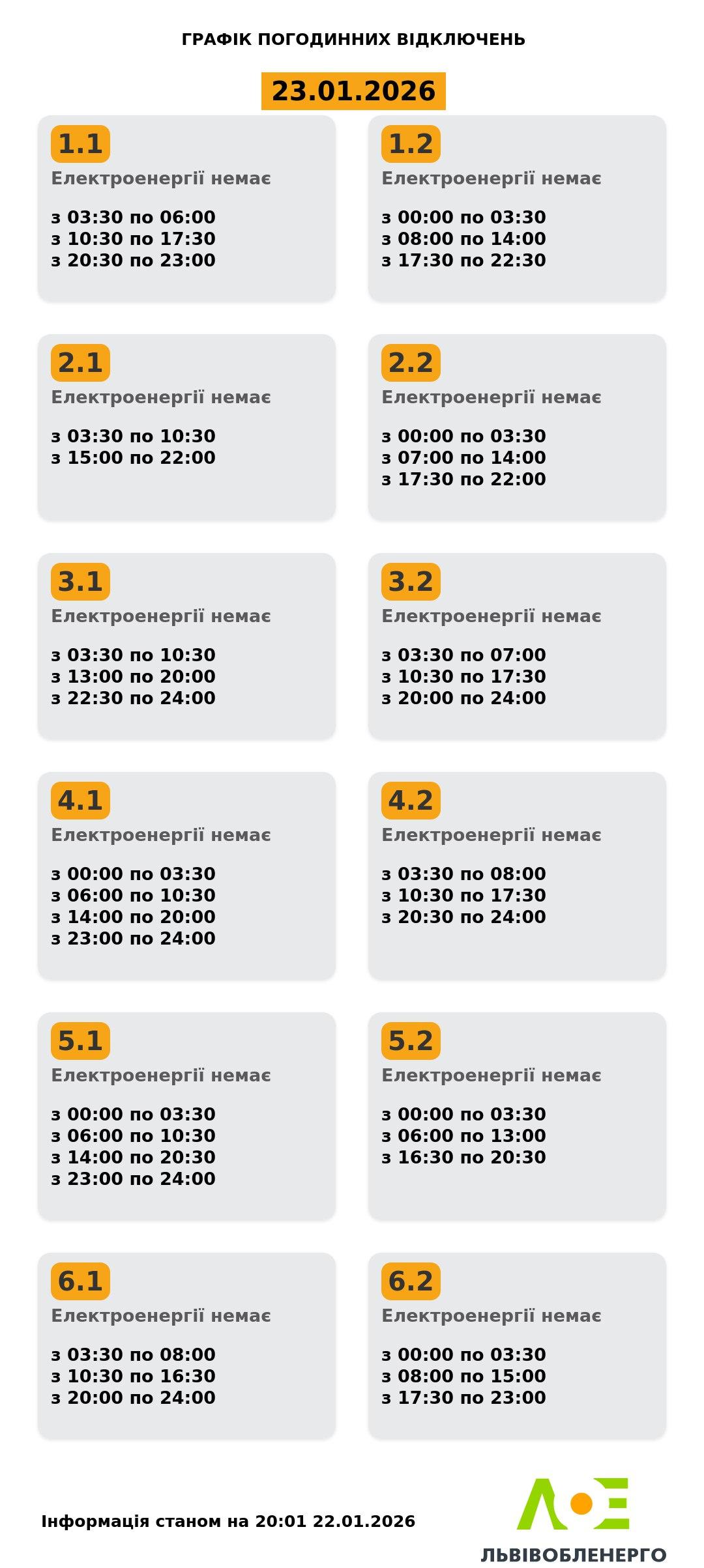 Відключення світла 23 січня: скільки не буде електроенергії в п’ятницю Відключення світла 23 січня: скільки не буде електроенергії в п’ятницю