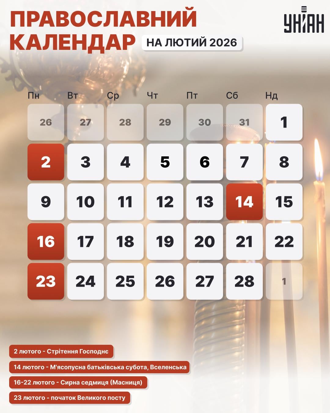 Церковні свята в лютому 2026 року за новим стилем