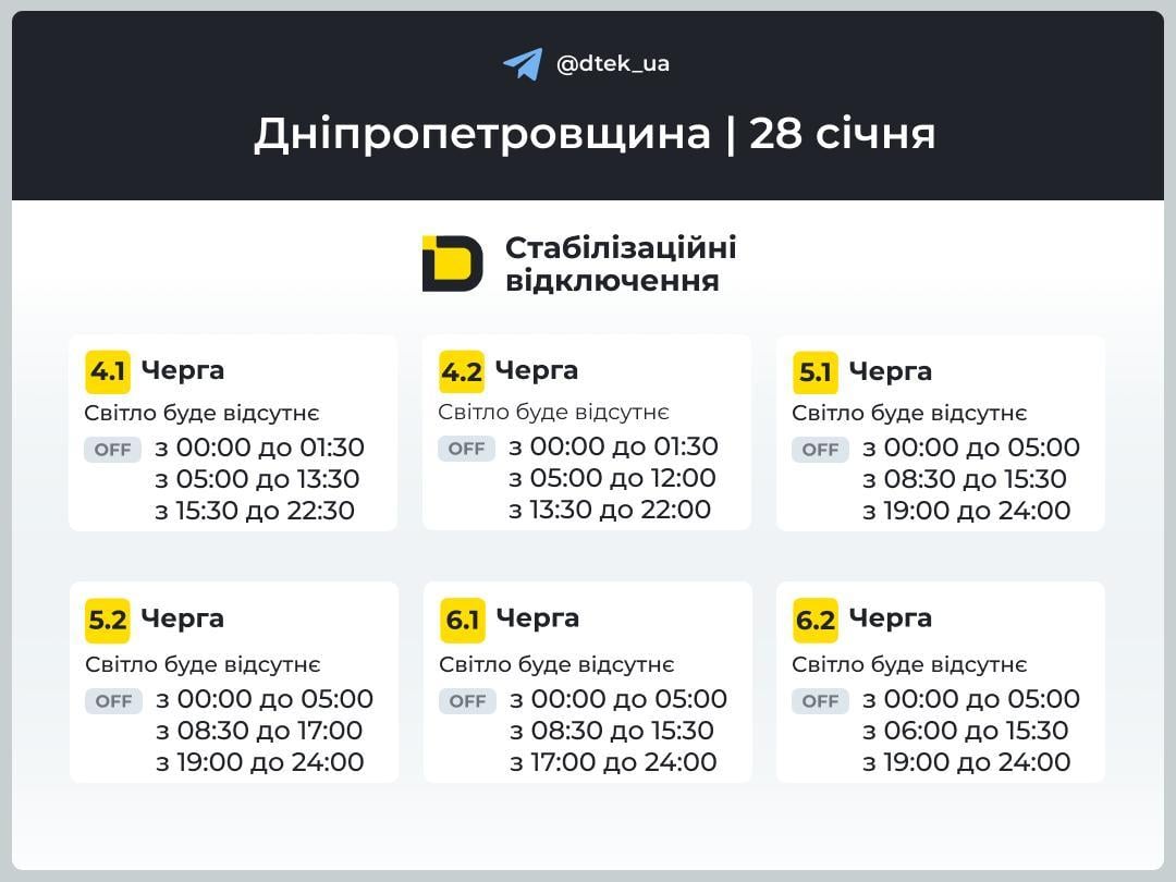 Графіки відключень світла на 28 січня: коли не буде електроенергії у середу Графіки відключень світла на 28 січня: коли не буде електроенергії у середу