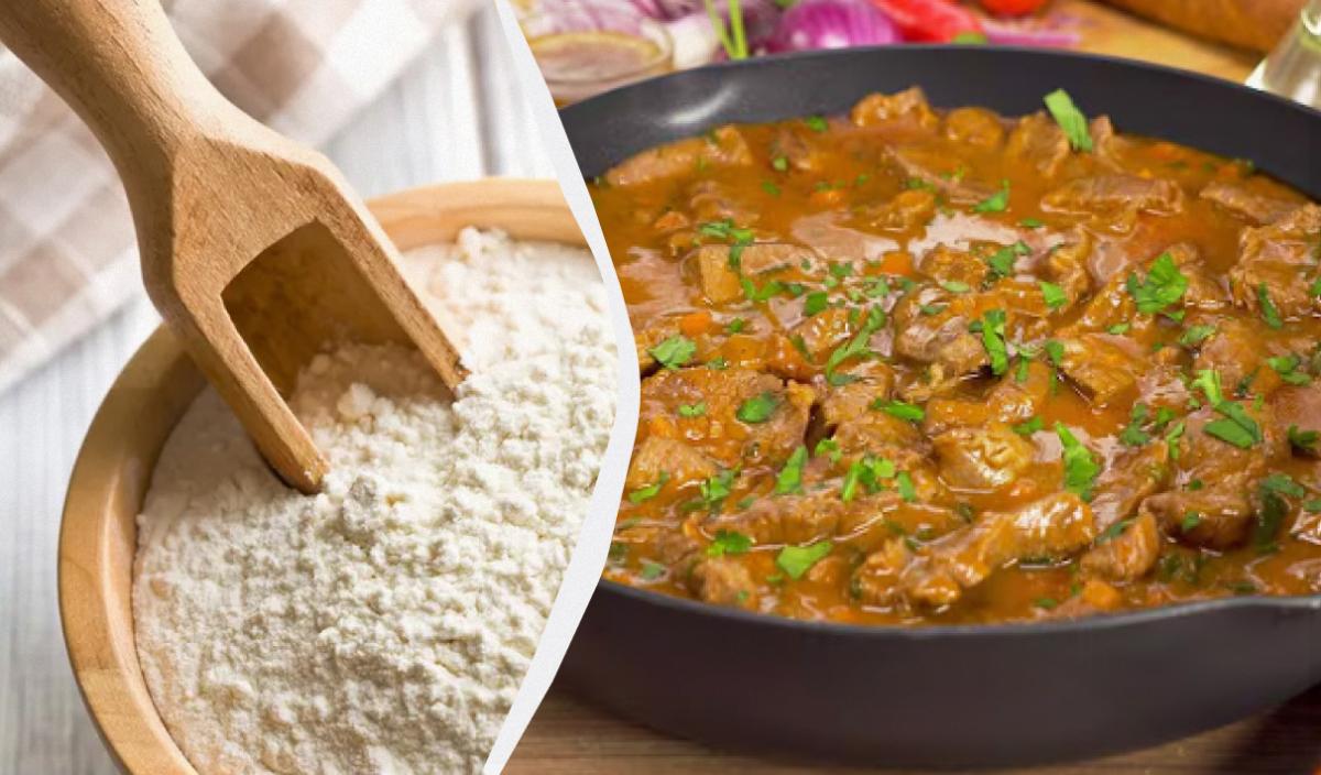 Aggiungere la farina alla salsa di carne per ottenere una consistenza densa