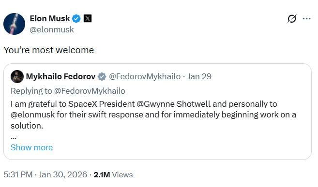 Маск отреагировал на обращение Киева по поводу российских дронов на Starlink Маск отреагировал на обращение Киева по поводу российских дронов на Starlink