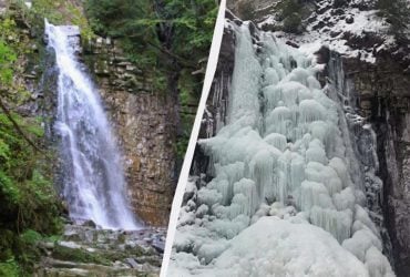 20-метровий Манявський водоспад на Прикарпатті повністю замерз (відео)