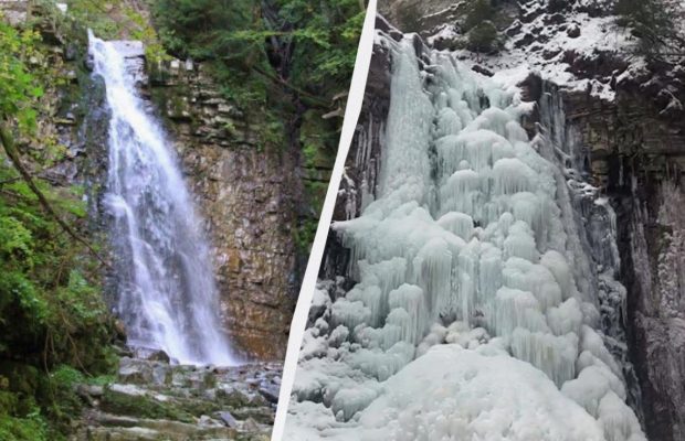 20-метровий Манявський водоспад на Прикарпатті повністю замерз (відео)
