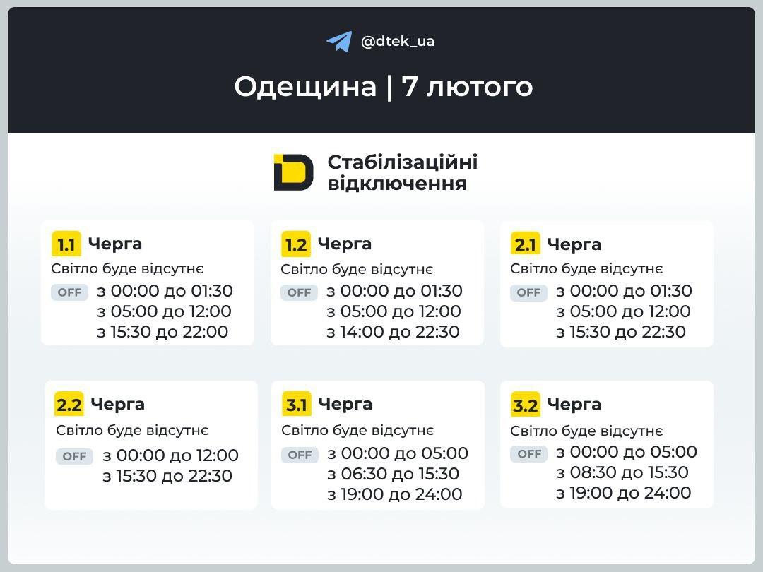 Графіки відключень світла на 7 лютого: коли не буде електроенергії у суботу