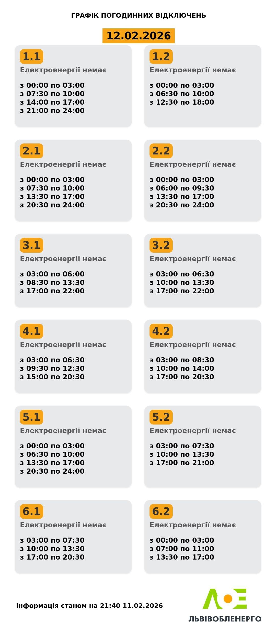Графіки відключень 12 лютого: коли не буде світла в четвер