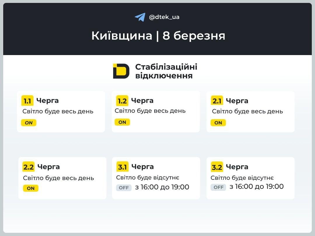 Графіки відключень світла на 8 березня: коли не буде електроенергії в Україні в неділю