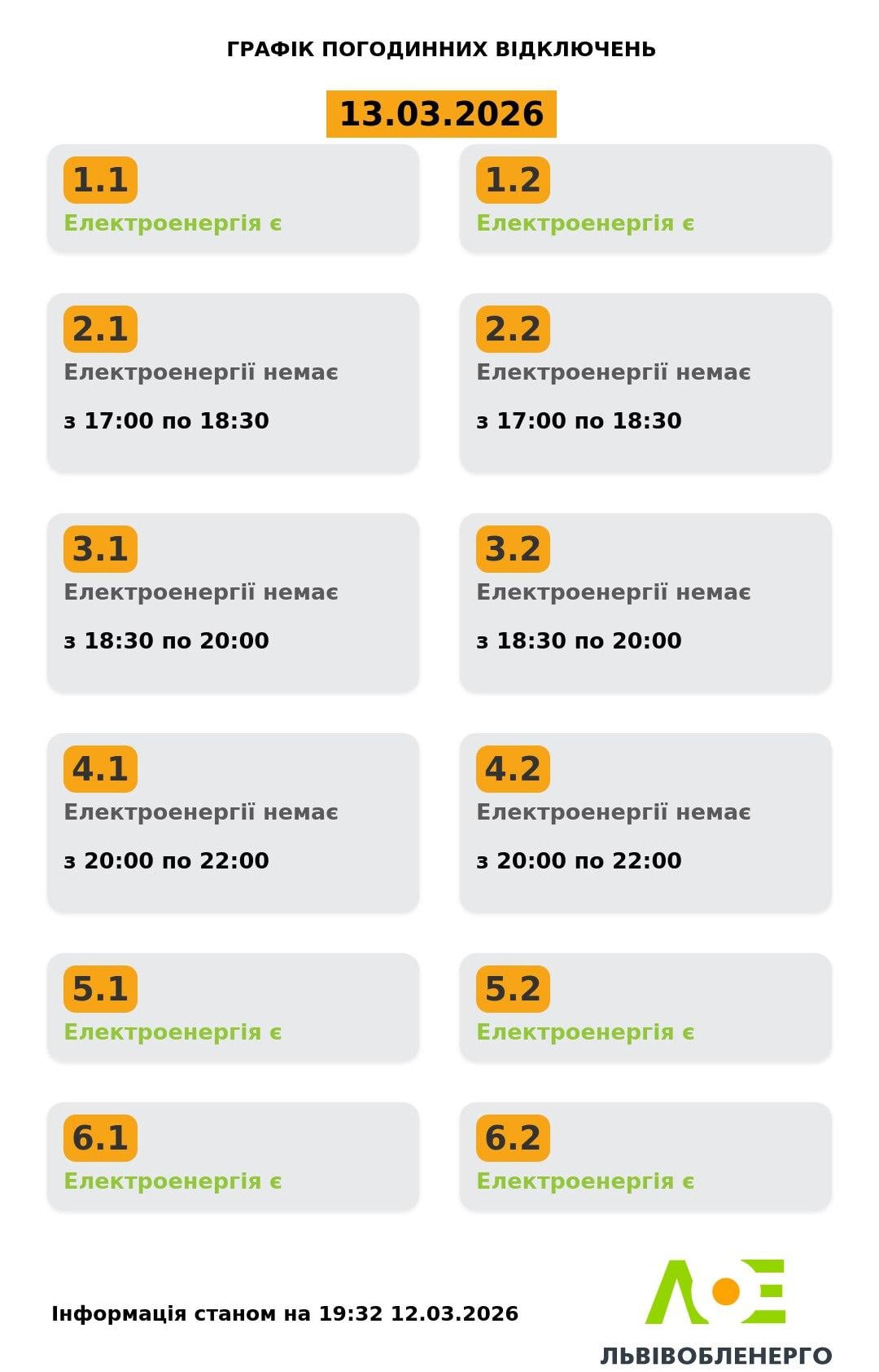 Графіки відключень на 13 березня: коли не буде світла у п’ятницю