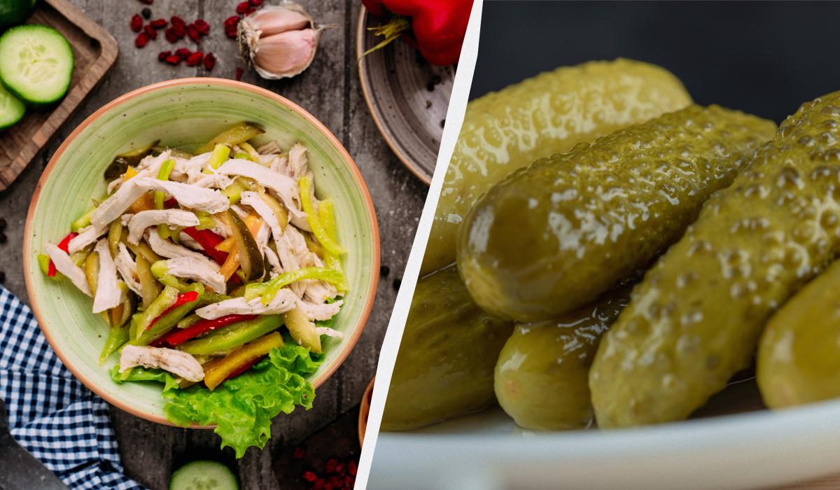 Салат із солоним огірком та куркою