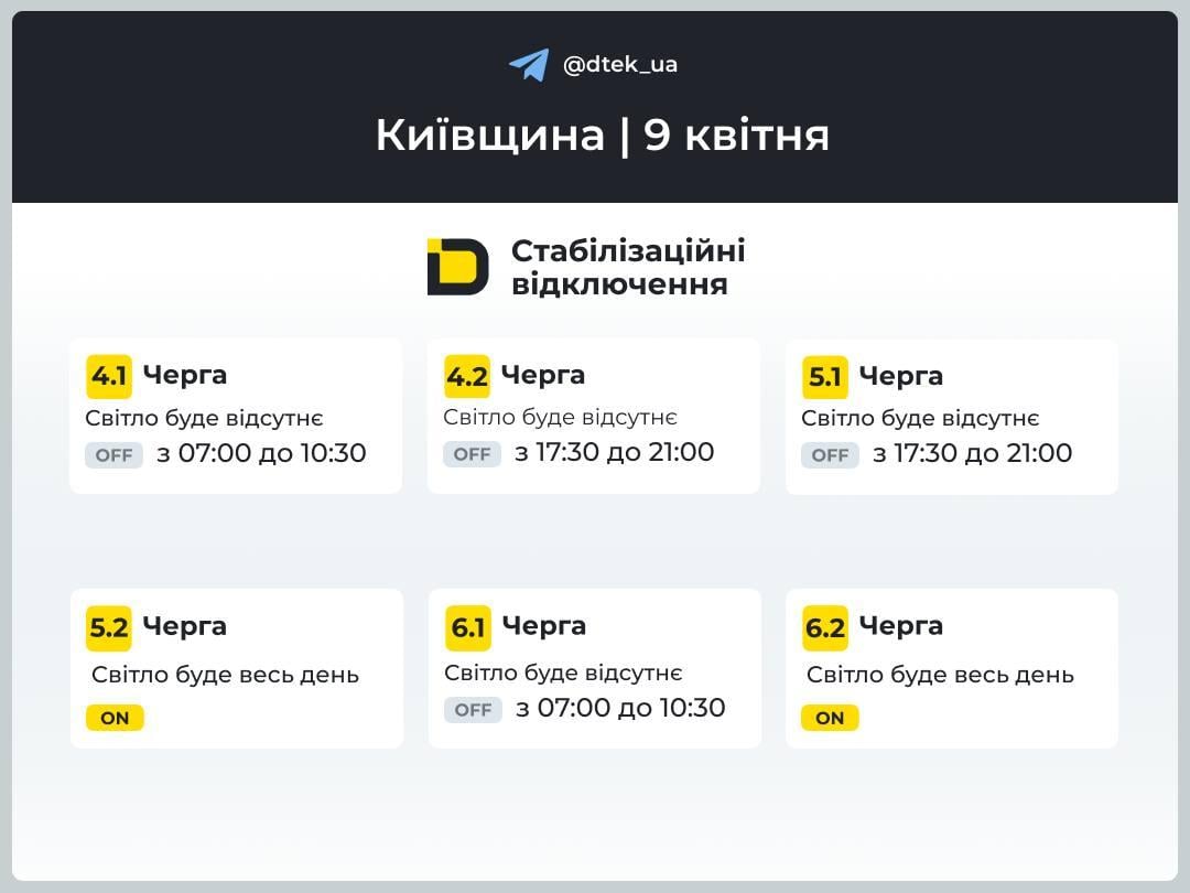 Графики на 9 апреля: когда в четверг будут отключать свет в Украине