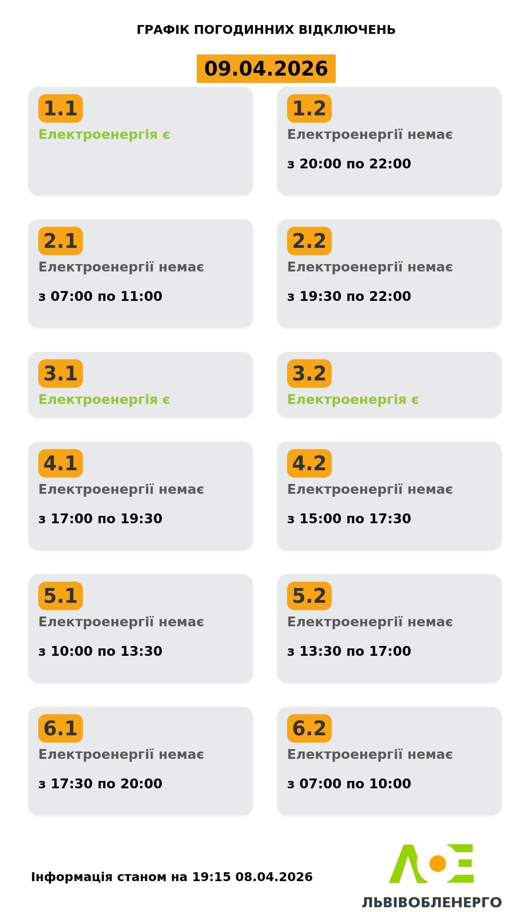 Графики на 9 апреля: когда в четверг будут отключать свет в Украине