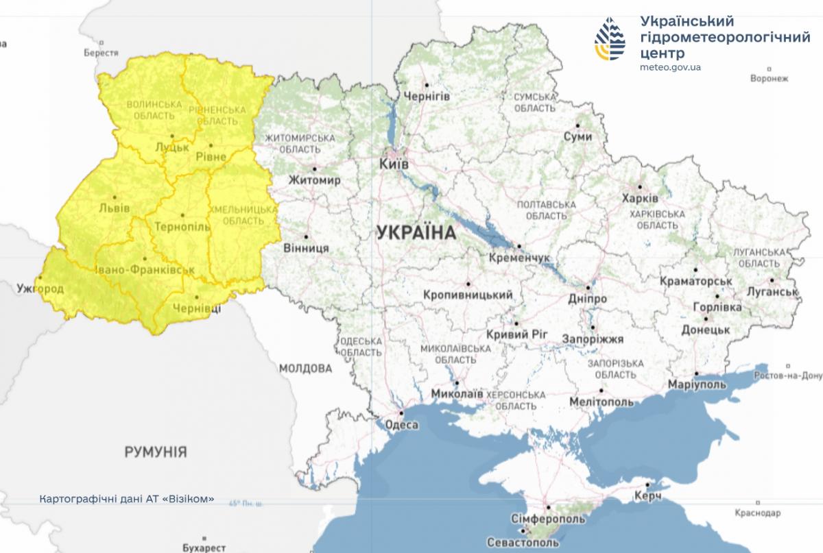 Синоптики объявили в восьми областях Украины желтую опасность (карта) Синоптики объявили в восьми областях Украины желтую опасность (карта)