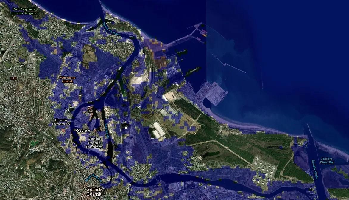 This is what a map of Tricity and the surrounding area would look like if the Baltic Sea level rose by 1 metre / Photo: NASA