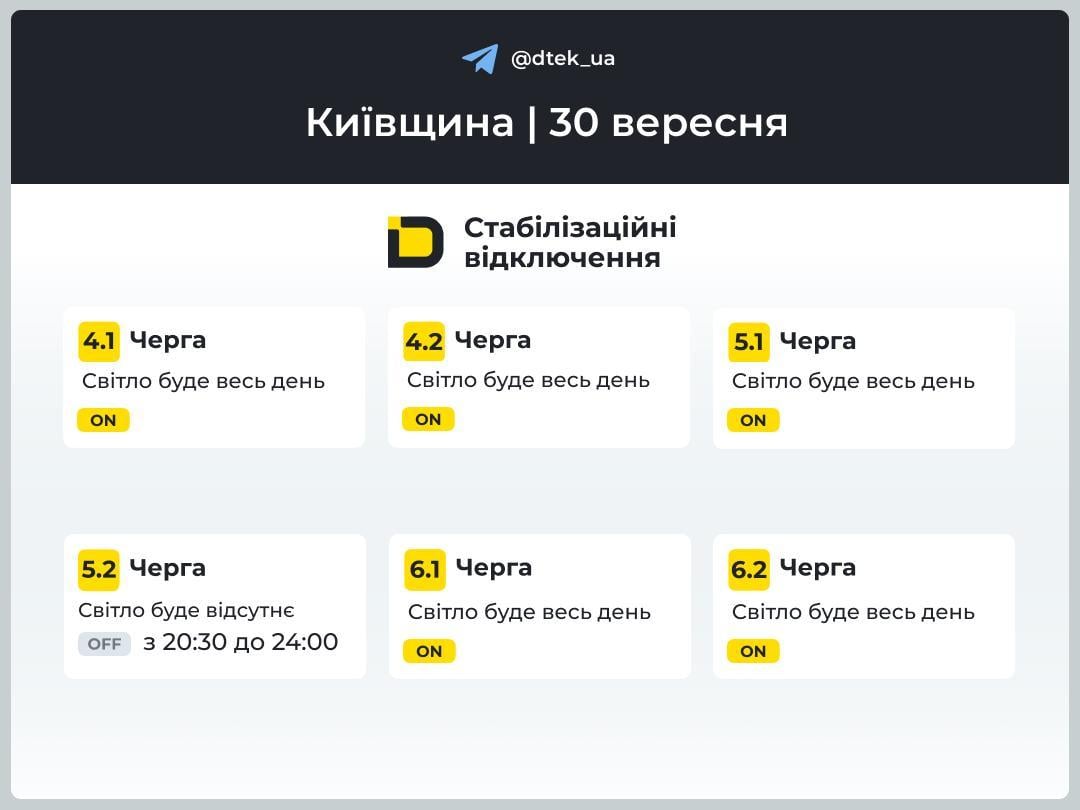 ДТЭК опубликовала графики отключений электроэнергии на 30 сентября ДТЭК опубликовала графики отключений электроэнергии на 30 сентября