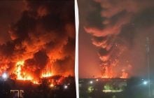 Під Гостомелем спалахнула величезна пожежа після атаки дронів (відео)