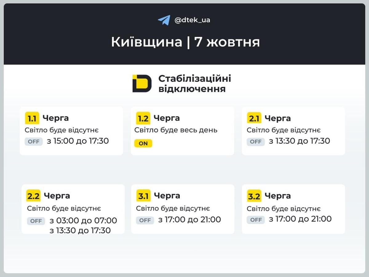 Графіки відключень світла: коли не буде електроенергії 7 жовтня