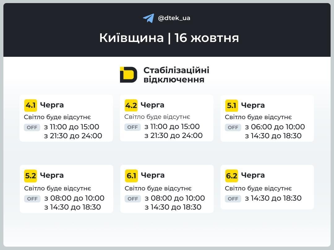 Графіки відключень 16 жовтня: кому вимикатимуть світло в п’ятницю Графіки відключень 16 жовтня: кому вимикатимуть світло в п’ятницю