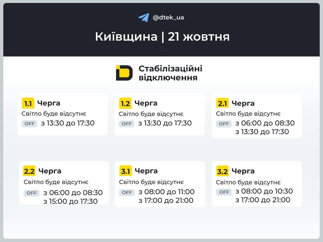 В Україні 21 жовтня вимикатимуть світло: графіки відключень В Україні 21 жовтня вимикатимуть світло: графіки відключень