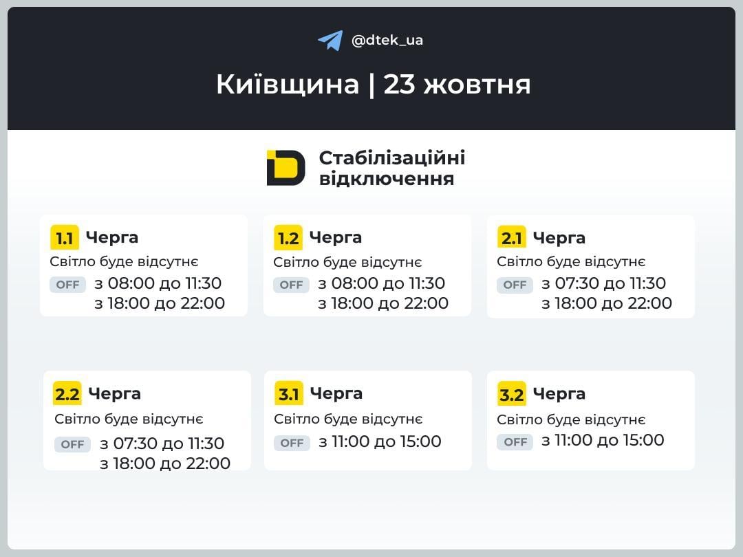 Графіки відключень світла: коли не буде електроенергії 23 жовтня Графіки відключень світла: коли не буде електроенергії 23 жовтня