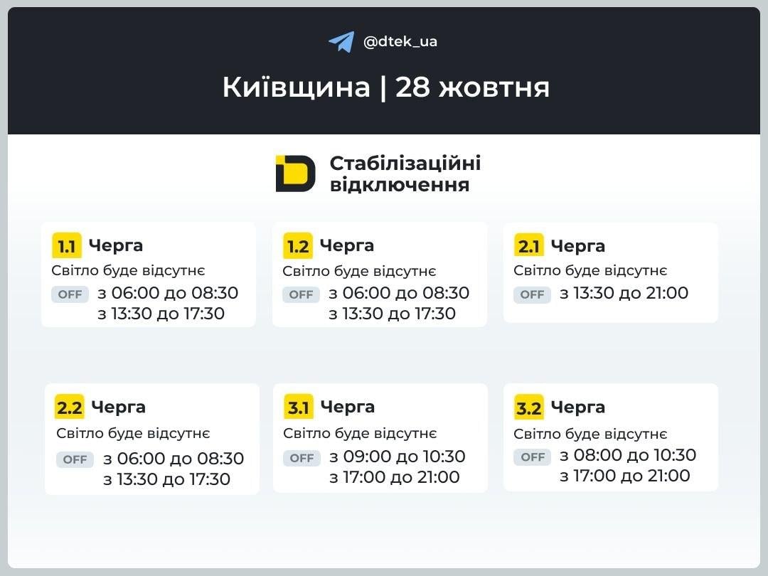 Графіки відключень світла: коли не буде електроенергії 28 жовтня Графіки відключень світла: коли не буде електроенергії 28 жовтня