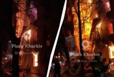 Росіяни вгатили по багатоповерхівці у Харкові, склався цілий підʼїзд (відео)